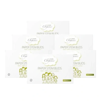 Image of Simply Gentle Organic, Cotton Buds 100% Organic &amp; FSC Paper Stems for Cleaning Delicate Areas around Eyes Outer Ears Eco Friendly Biodegradable 200 x 6 Packs