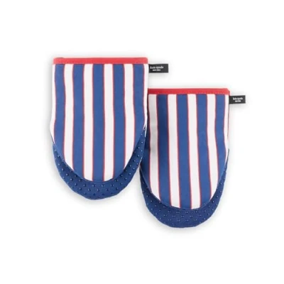 Image of Kate Spade New York Botanical Stripe Mini Oven Mitt 2 Pack Set, 5.5&quot; x 8&quot;, Navy Blue/Red