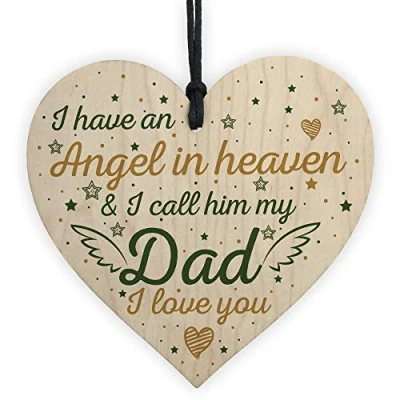 Image of RED OCEAN Special Angel Dad Heart Shaped Wooden Memorial Grave Plaque Xmas Tree Decoration