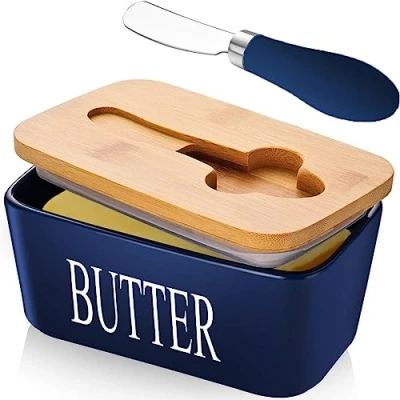 Image of Ceramic Butter Dish with Lid and Knife Porcelain Container Cutter Easy Spread Kitchen Accessories Tableware (Blue)