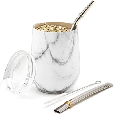 Image of balibetov Modern Mate Cup and Bombilla Set (Yerba Cup) Yerba Includes Double Walled 18/8 Stainless Steel Tea Cup, Two (Straw) a Cleaning Brush (Marble, 355 ml)