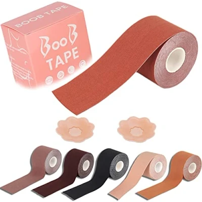 Image of WROLY Boob Tape, Self Adhesive Strapless Boobtapes, Bob Tape for Large Breasts with 2 Pcs Nipple Covers and Breast Lift Stretchable Longer Than Regular Rolls (Deep Skin)
