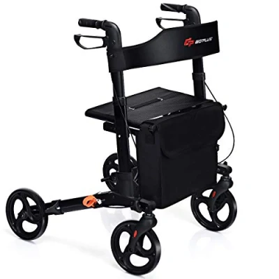 Image of GYMAX Folding Rollator Walker with Seat, Dual Brakes, Detachable Storage Bag, Cane Holder, Adjustable Height 4 Wheel Walkers, Lightweight Aluminium Walking Mobility Aid for Elderly