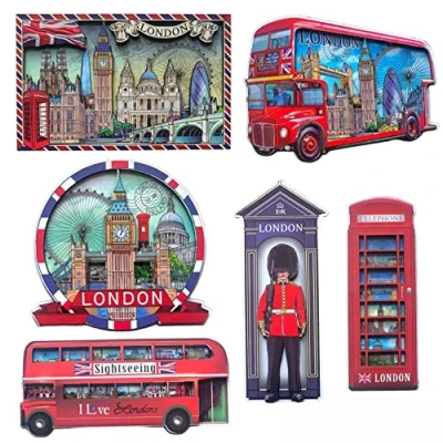 Image of 6 London Souvenirs wooden fridge magnets Union Jack British Souvenir England Gift magnet