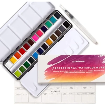 Image of Creativepeak Watercolour Paint Set 24 Vibrant Watercolours W/Blending Brush &amp; Swatch Card Portable Travel Tin Mixing Palette for Artists, Kids Adults Professional Art Supplies