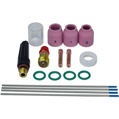 Image of RIVERWELD TIG Clear Quartz Pyrex Glass Cup #10 (16mm) Stubby Gas Lens 17GL332 (2.4mm) 2% Lanthanated Tungsten Electrode WL20 fit DB SR WP 17 18 26 Welding Torch 17pcs