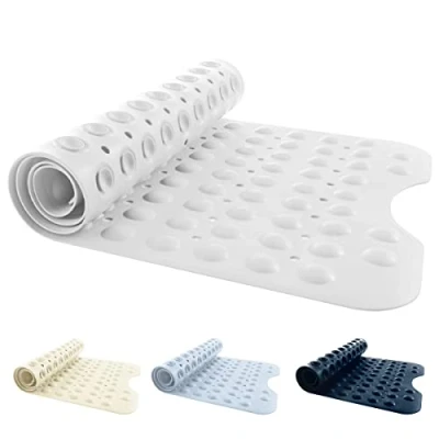 Image of ANSIO® Long Bathtub Mat PVC Non Slip Anti Mould Shower with Drain Holes &amp; Suction Cups Machine Washable 100 x 40cm / 39 16 inches Solid White