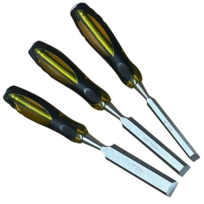 Image of 3Pc Wood Chisel Set Woodworking, Carving, Firmer Chisels Sizes 1/2&quot; 3/4&quot; 1&quot;, Hammer End with Non Slip Rubber Handle for Work, Carving and Sculpting