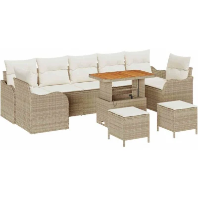 Image of vidaXL 10 Piece Garden Sofa Set with Cushions Beige Poly Rattan Acacia