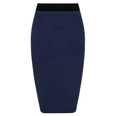 Image of Womens Pencil Stretch Tube Wiggle Ladies Contrast Elasticated Waistband Fit Bodycon Plain Office Midi Skirt Navy Blue Size 20 22 (XXL)