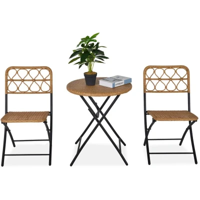 Image of Outsunny 3 Pieces Rattan Bistro Set, Wicker Folding Garden Furniture Set with Coffee Table and Chairs for Outdoor, Patio, Balcony, Natural