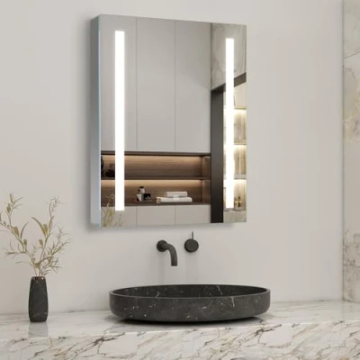 Image of Acezanble Bathroom Mirror Cabinet with LED Lights, 600x800mm Illuminated Shaver Socket Dimmable Switch 3 Colors and Demister Pad