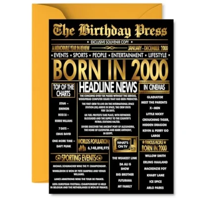 Image of Gold 25th Birthday Card for Men Women Black &amp; Golden Newspaper Born in 2000 Happy 25 Cards Colleague Cousin Uncle Niece Auntie Husband, 5x7 Inch Bday Greeting