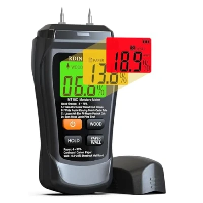 Image of Wood Moisture Meter RDINSCOS Damp Pin Type for Firewood Tester with 3 Colours Backlit Detector Walls,Logs,Caravan