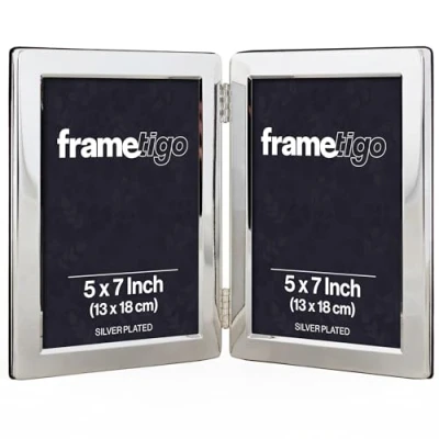 Image of Frametigo Silver Plated Flat Edge Double Photo Frame Fits Size 5&quot;x7&quot; (13x18cm)