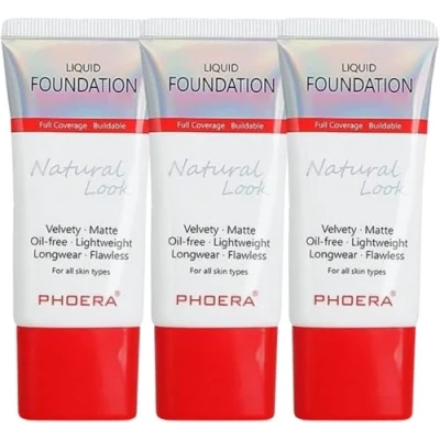 Image of Glamza Phoera Foundation Full Coverage Makeup Set 24hr Long Lasting Oil Control Same Smarter Packaging Inc x3 30ml &amp; Silicone Blender Sponge (104 Buff Beige)