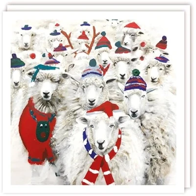 Image of Flock of Sheep in Woolly Hats Rainbow Trust Charity Christmas 160x160 Pack 10 Cards Artistic Festive Design Special Matt Finish Made the UK Eco Friendly