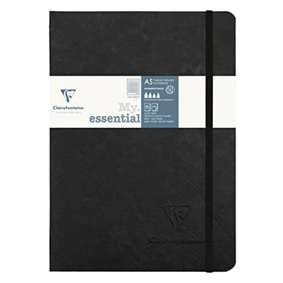 Image of Clairefontaine Ref 793421C Age Bag Thread Bound Notebook (192 Pages) A5 Size, Squared Rulings, 90gsm Brushed Vellum Paper, Elastic Closure Black Cover