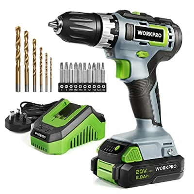 Image of WORKPRO Cordless Drill Driver, 20V Electric with 2000 mAh Battery, 1H Quick Charger, 25 Nm Max, 18+1 Torque, 3/8&quot; Chuck, 2 Speed, LED Light, 16 pcs and Screwdriver Bit
