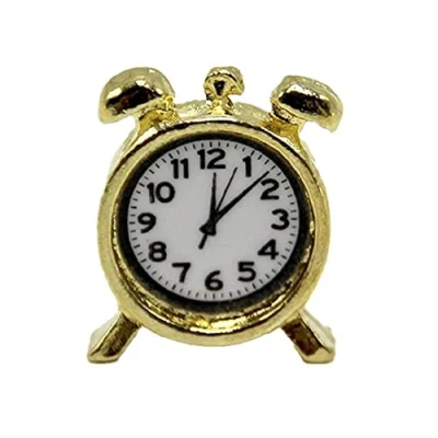 Image of Dolls House Brass Alarm Clock Miniature Retro Gold Bedroom Accessory 1:12 Scale