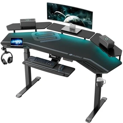 Image of EUREKA ERGONOMIC Electric Standing Desk 182x76 cm Wing Shaped Gaming Height Adjustable Large Studio Computer with LED Convertible Monitor Shelves, Keyboard Tray