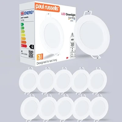 Image of paul russells LED Ceiling Downlights, 4W Slim Recessed Bathroom Kitchen Ceilings, 300 Lumens, 4000K Cool/Natural White, Cutout 70 80mm, Round Non Dimmable Panel Spotlights, 10 Packs