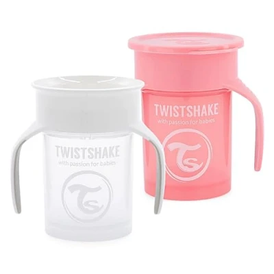Image of Twistshake 2X 360 Cup Baby Sippy with Drinking Rim 230ml Children&#039;s Learning Handles Non Spill Toddler BPA Free Training for Kids 6m+ White Pink