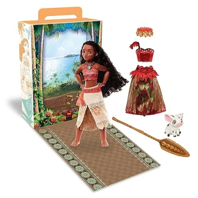 Image of Disney Store Official Moana Story Doll for Kids, 28cm/11, With Pua, 2 Outfits, Accessories, Colouring &amp; Activity Pack and Box that Folds to a Play Stage, Suitable Ages 3+