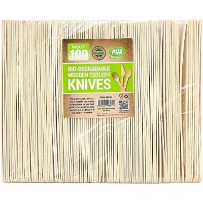 Image of 100 x Enviro Wooden Knives Biodegradable Compostable Disposable Cutlery 100% Birchwood