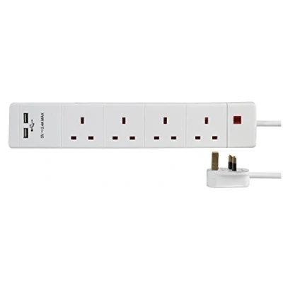 Image of PRO ELEC PEL00104 4 Gang 2 USB Extension Lead 1m, White