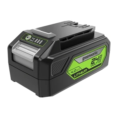 Image of Greenworks 24V Battery. Original Rechargeable Powerful Suitable for All Garden Tools. 4 Ah Lithium Ion Fast Charging, 3 Stage charge level. 2 Year Warranty G24B4
