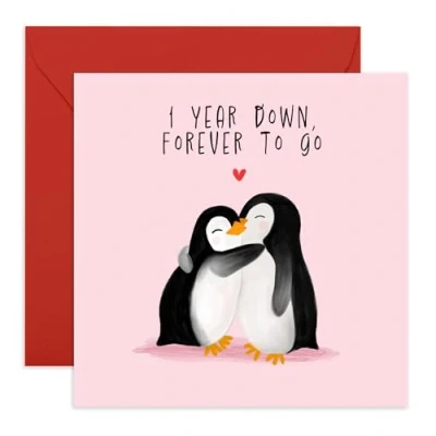 Image of Central 23 1st Wedding Anniversary Card For Husband Wife 1 Year Down Forever To Go Penguin Boyfriend Girlfriend Couple Comes With Stickers