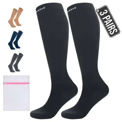 Image of 360 RELIEF 3 Pairs Flight Compression Socks for Women &amp; Men, Comfortable Travel, Circulation Leg Relief, Pregnancy Support, XXL, Black + Laundry Bag