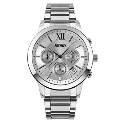 Image of SKMEI Mens Silver Chronograph Watch Multi Dial Date Display Stainless Steel Strap 9097S