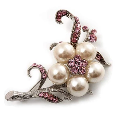 Image of Avalaya Silver Tone White Simulated Pearl Pink Diamante Floral Brooch