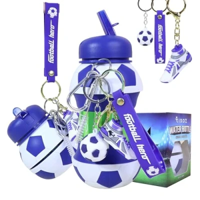Image of RIXOZ Blue Football Water Bottle 550ml Silicone Collapsible With Keyring For Kids