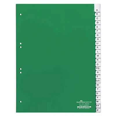 Image of Durable A Z Index Set 20 Part File Includes Green Cover Sheet &amp; Dividers Suitable For A4 Documents Dimensions 297 x 215/230mm