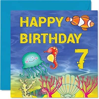 Image of 7th Birthday Card Boy Girl Sealife Happy 7 Year Old Boy, Boys Cards for Him Her, 145mm x Greeting Son Nephew Grandson Daughter Brother