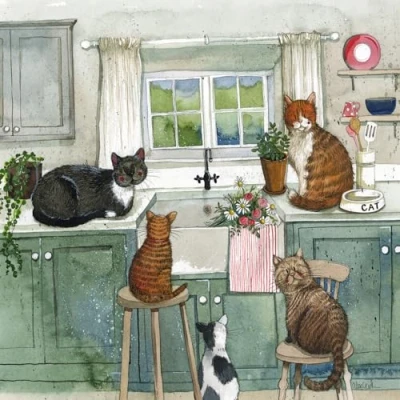 Image of Alex Clark Cats in the Kitchen Blank Card For Any Occasion Designed and Printed UK