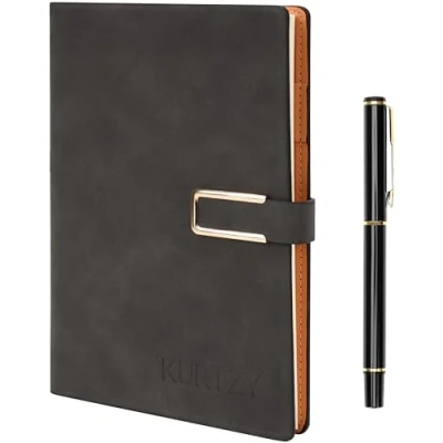 Image of Kurtzy PU Leather Notebook with Pen Refillable A5 Writing Journal 112 Thick Sheets Lined Paper Travel Diary for Business, Work &amp; School (Dark Grey)