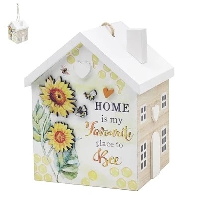 Image of Lesser &amp; Pavey Wooden House Shape Door Stop Wedge Draft Yellow Bee Happy Honeycomb Floral Decor