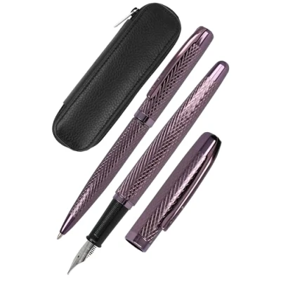 Image of Online Set Eleganza Fountain Pen &amp; Ballpen Leather Case I Colour: Bordeaux Nib Size M Metal Clip Retractable Biro for Standard Ink Cartridges Or Converter In Gift Box