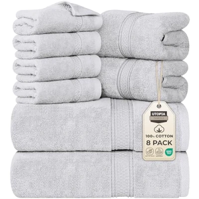 Image of Utopia Towels 8 Piece Premium Towel Set, 2 Bath Towels, Hand and 4 Wash Cloths, 600 GSM 100% Ring Spun Cotton Highly Absorbent for Bathroom, Gym, Hotel, Spa (Silver)
