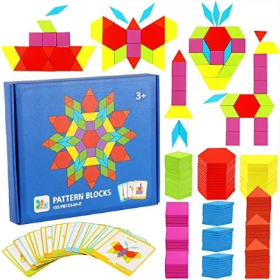 Image of Rmeet Wooden Pattern Blocks,155 Pack Geometric Manipulative Shape Puzzle Coloured Tangram Montessori Building Blocks Set with 24 Pcs Design Cards and Storage Bag Gift For Kids Children 3+