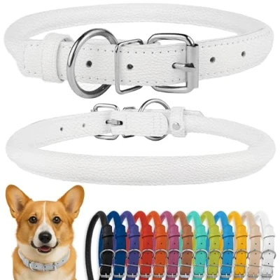 Image of CollarDirect Rolled Leather Dog Collar, Soft Padded Round Puppy Handmade Genuine Collar Small Large Cat Collars Black Pink Red Purple Blue (Fits 15&quot; 18&quot; Neck, White)