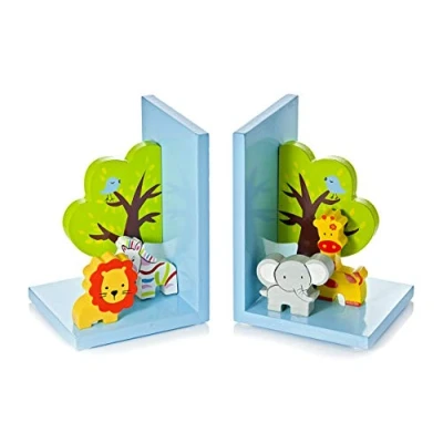Image of Mousehouse Gifts Wooden Children&#039;s Bookends for Boys or Girls Nursery Bedroom (Blue Safari)