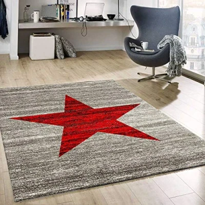 Image of VIMODA Heatset Child&#039;s room Rug, Star pattern, Mottled red, Grey ÖKO TEX Certified 47.24&quot; x 66.93&quot;