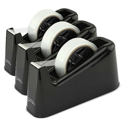 Image of Rapesco 1740 Business Pack: 3 Germ Savvy Antibacterial 500 Heavy Duty Tape Dispensers and Clear Rolls, Black