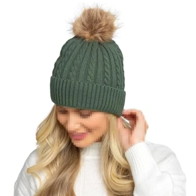 Image of A2Z Ladies Hats Cable Knitted Bobble Faux Fur Pom Beanie Hat LH838 Green One Size