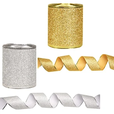 Image of Lezevn 2 Rolls Total 12 Yards 2.5 Inch Christmas Wired Edge Ribbon Gold Silver Glitter Sparking Shiny Ribbons Roll Sparkly for Tree Wreath Bows